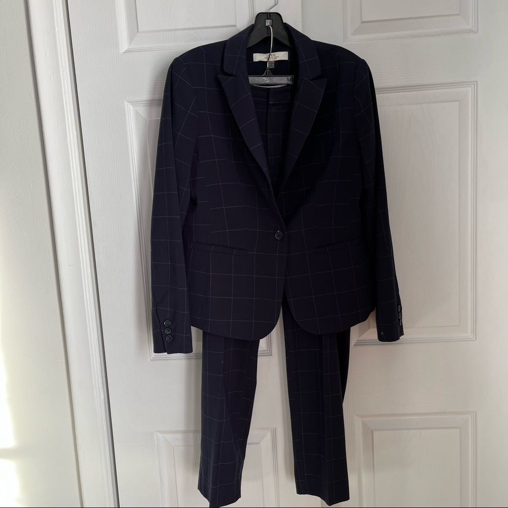 NAVY WINDOW PANE GRID PRINT DEX PANTSUIT